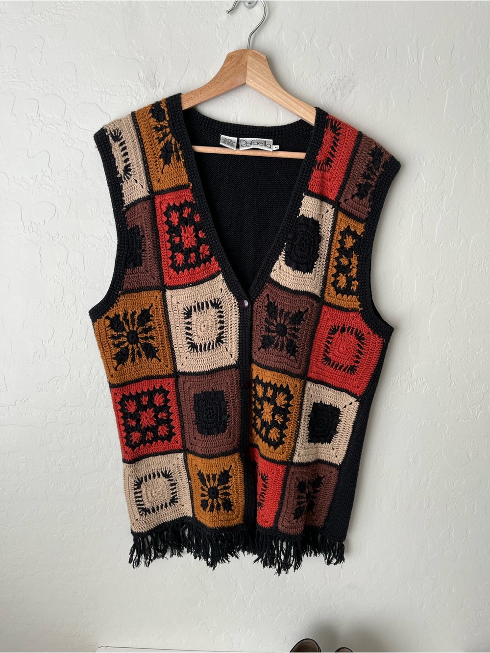 Vintage Grandma Knit Crochet Granny Square Fringe Button Up Vest Size Medium